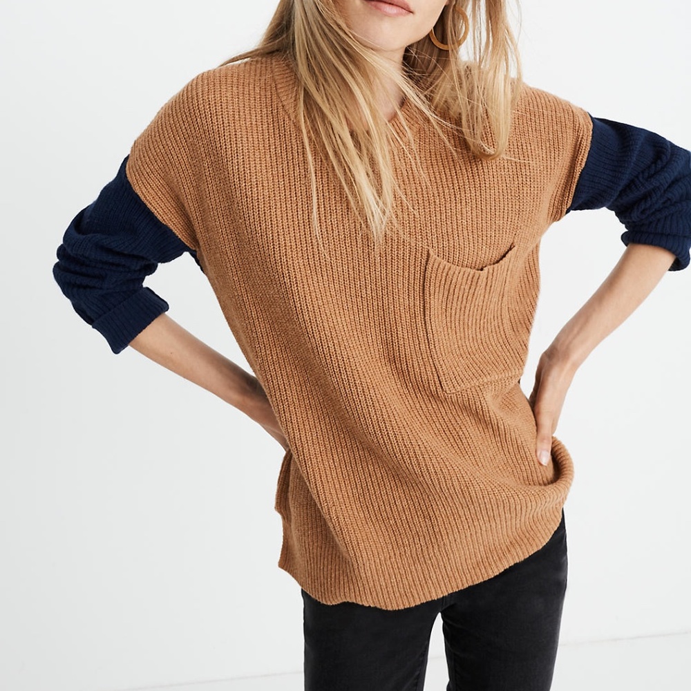Madewell Thompson Pocket Pullover Colorblock Ribbed Knit VSCO Oversized Sweater